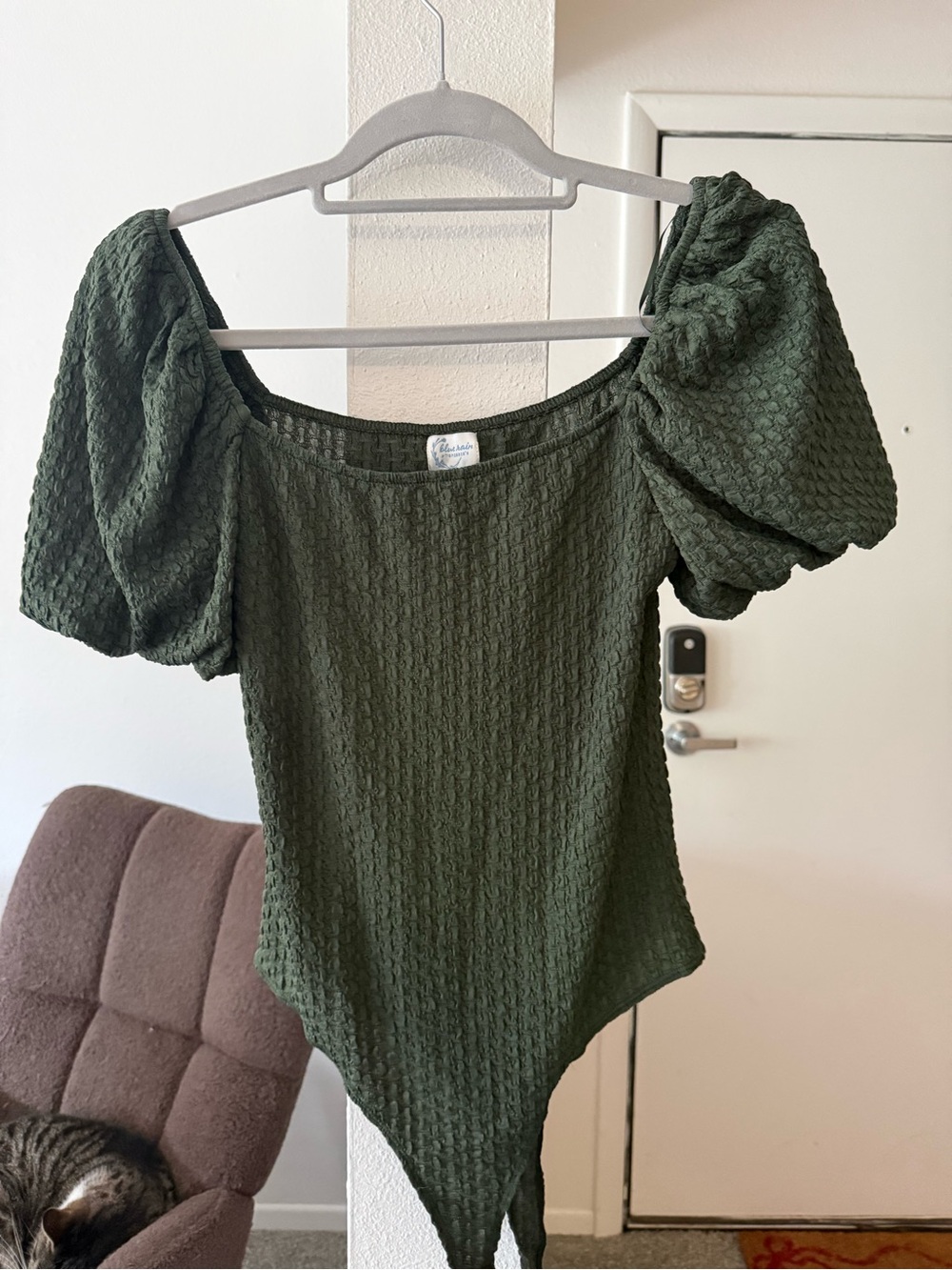 Blue Rain Olive Green Textured Puff Sleeve Bodysuit
